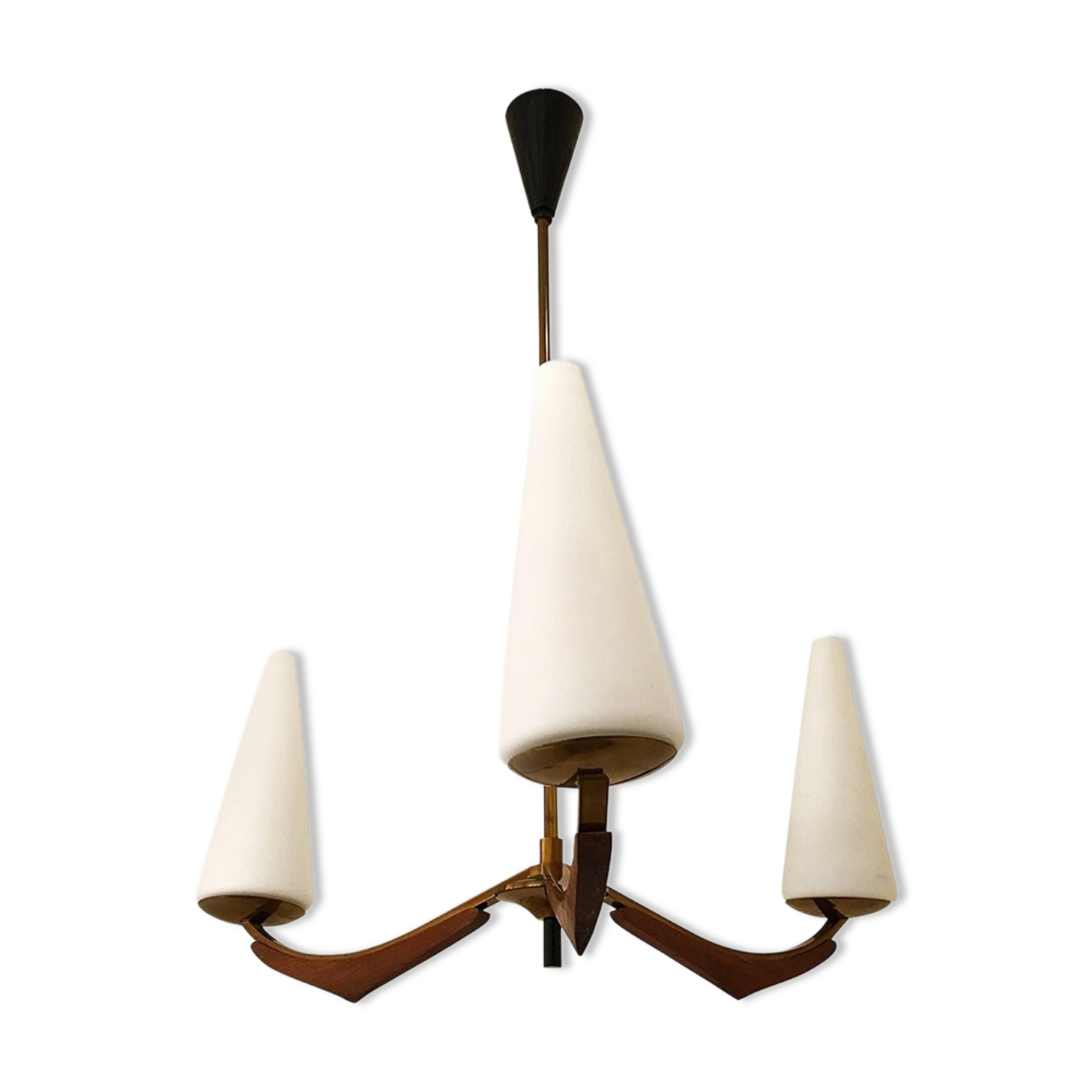 Chandelier french Arlus opaline and wood 1950