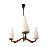 Chandelier french Arlus opaline and wood 1950