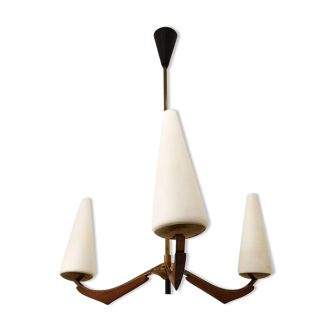 Lustre français Arlus en opaline et bois 1950