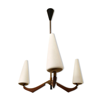 Chandelier french Arlus opaline and wood 1950