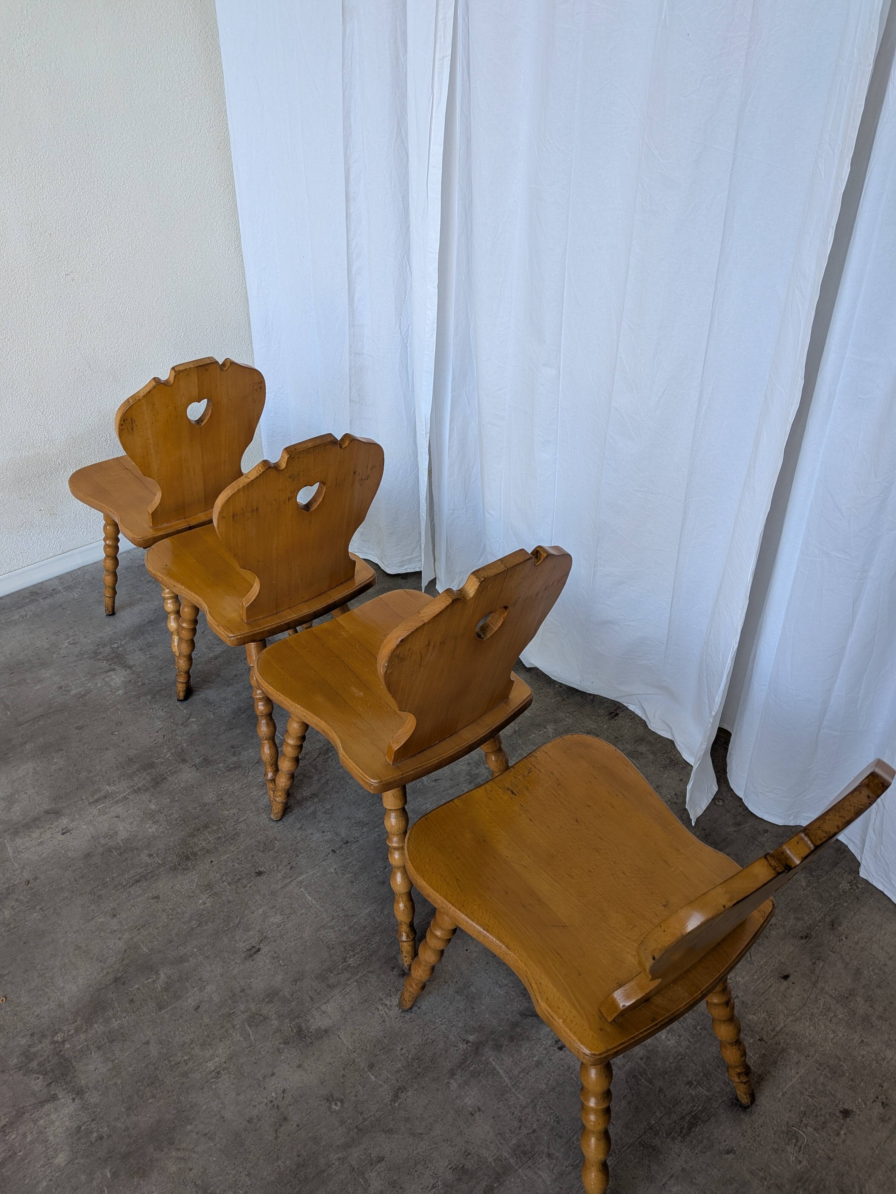 Set of 4 Vintage Tyrolean Heart Cutout Wooden Dining Chairs