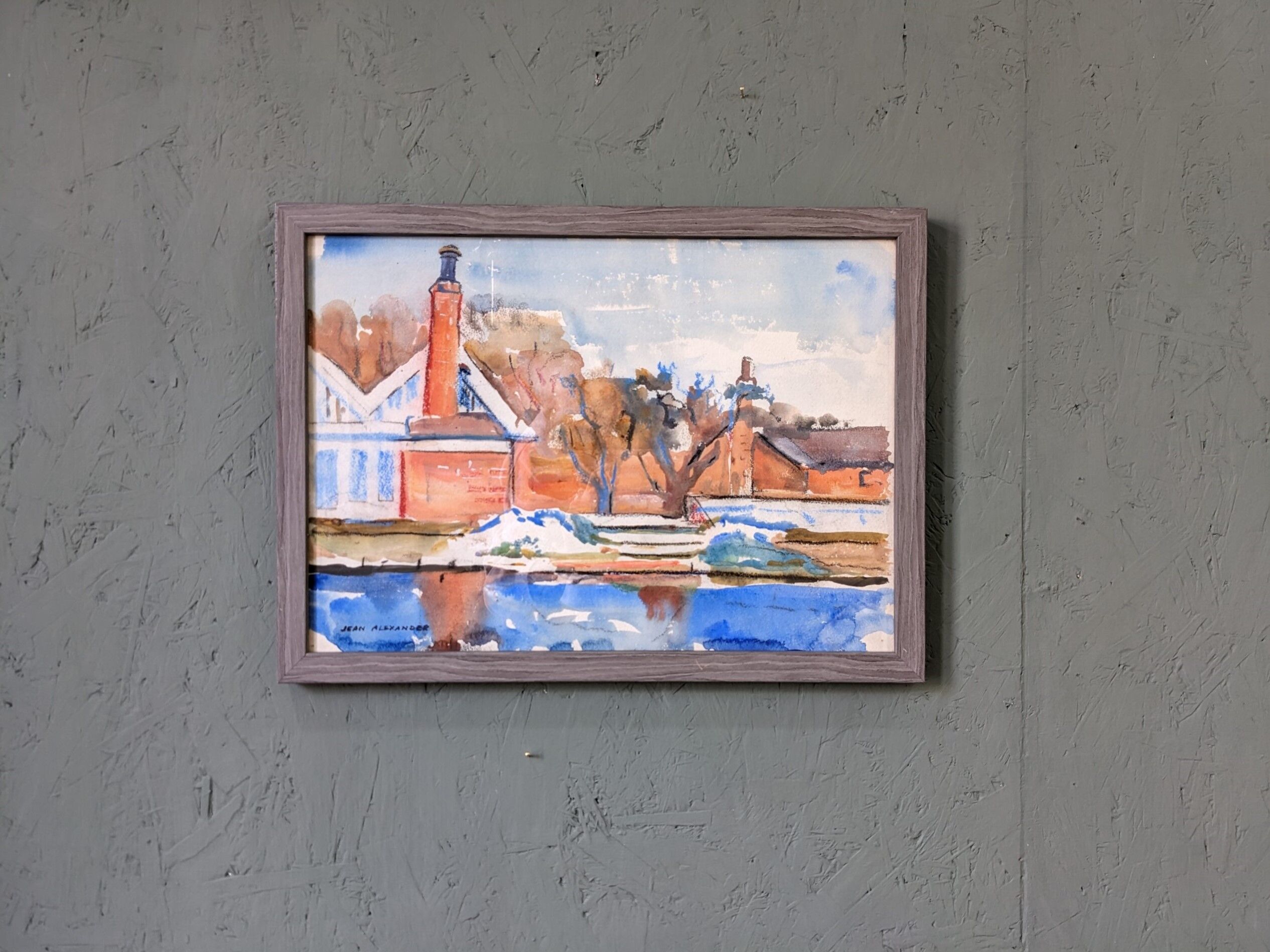 Mid-Century Modern Swedish "The Waterway" Vintage Landscape Watercolour Painting, Framed