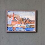Mid-Century Modern Swedish "The Waterway" Vintage Landscape Watercolour Painting, Framed