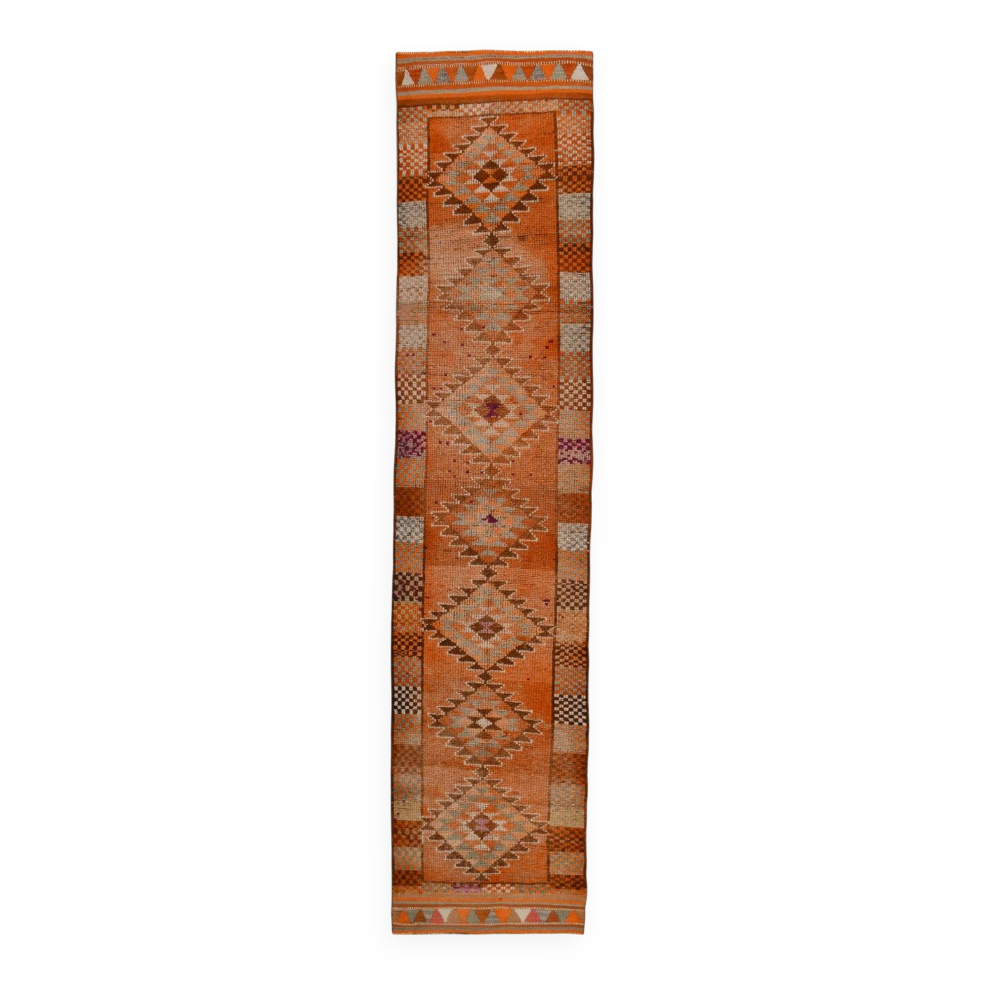 Brunt Orange Turkish Vintage Runner Rug, 85x388Cm