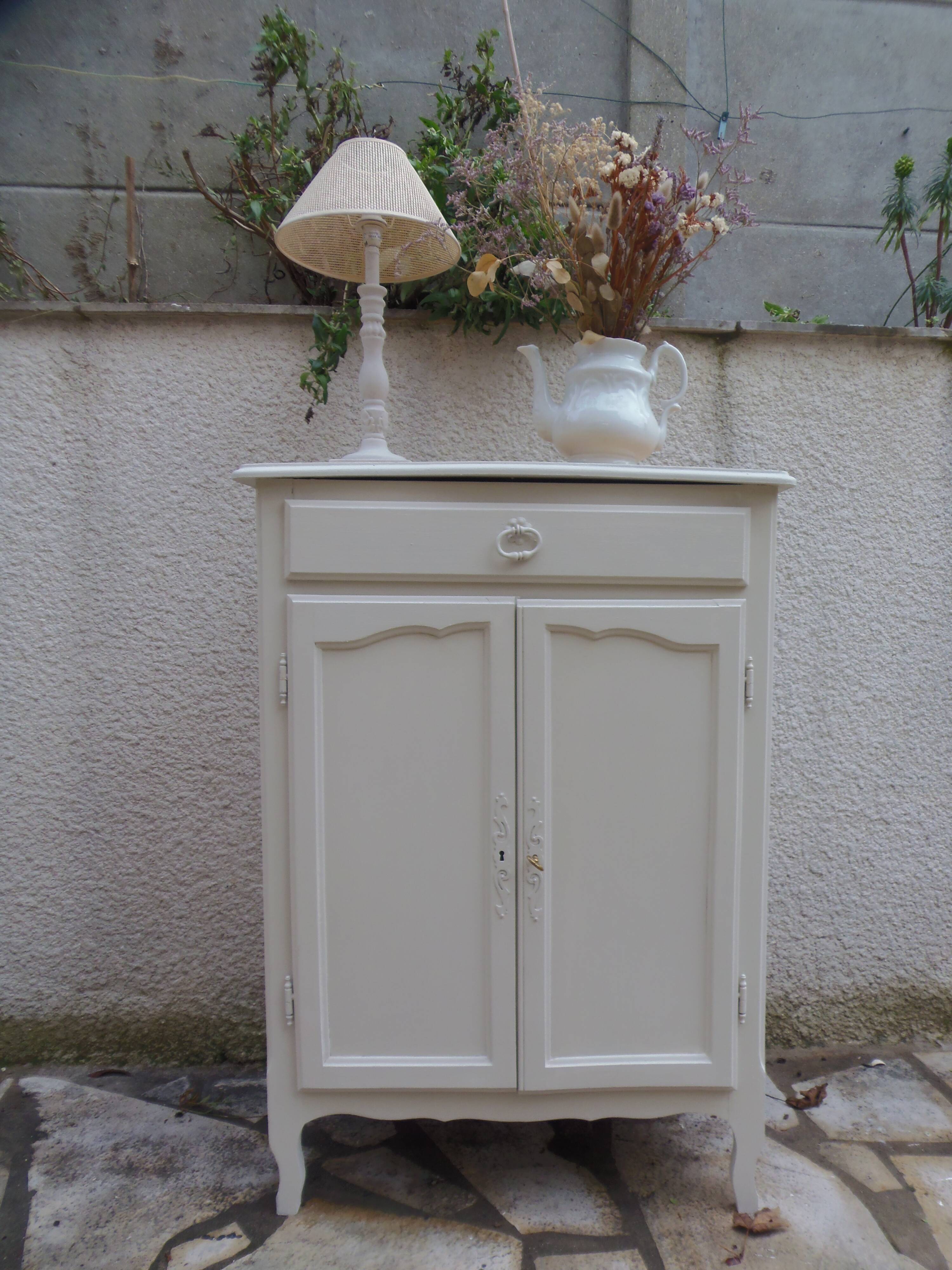Small vintage buffet reimagined in pearl grey, wooden top.