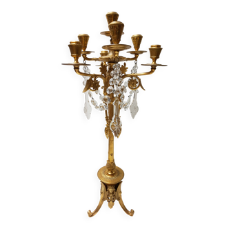 French Empire Neoclassical 7-Light Candelabra in Gilt Bronze and Crystal