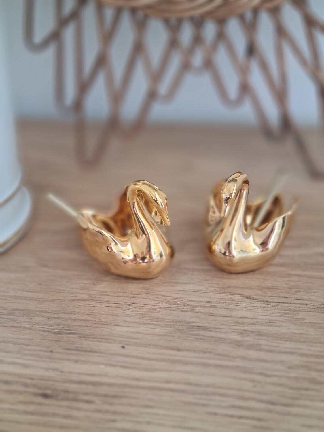 Duo of fine gold Limoges porcelain swan salt cellars