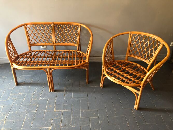 Bamboo and rattan bench and armchair