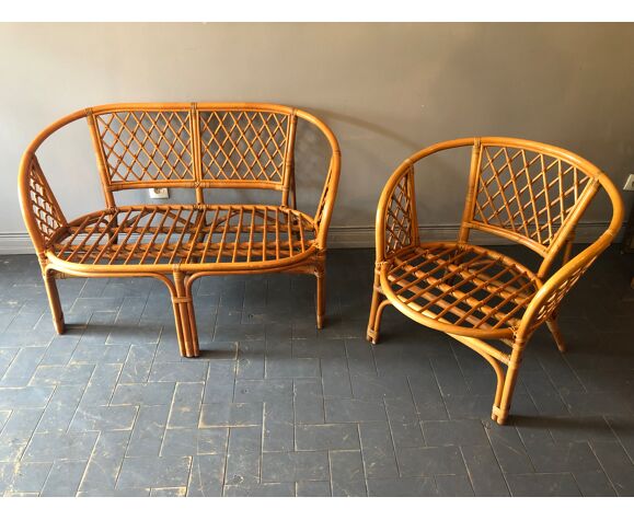 Bamboo and rattan bench and armchair