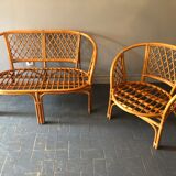 Bamboo and rattan bench and armchair