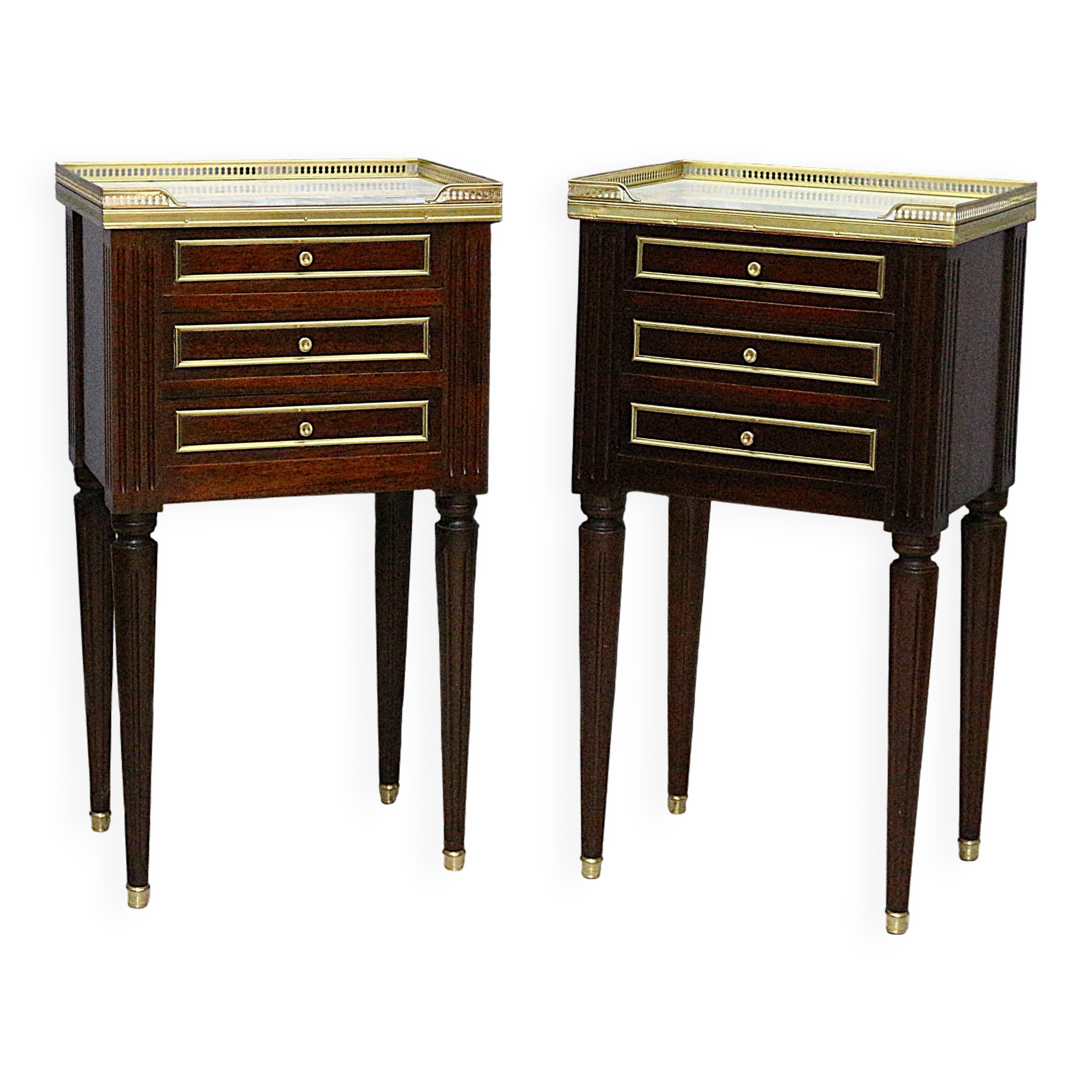 Pair of Nightstands Mahogany White Carrara Marble Louis XVI Style
