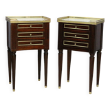 Pair of Louis XVI Style Mahogany and White Carrara Marble Bedside Tables