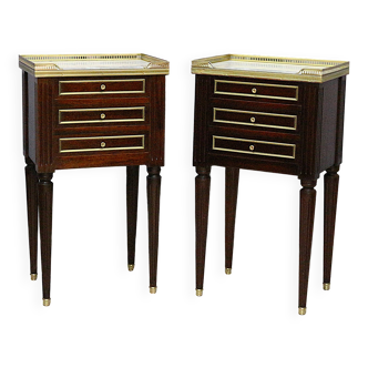 Pair of Louis XVI Style Mahogany and White Carrara Marble Bedside Tables