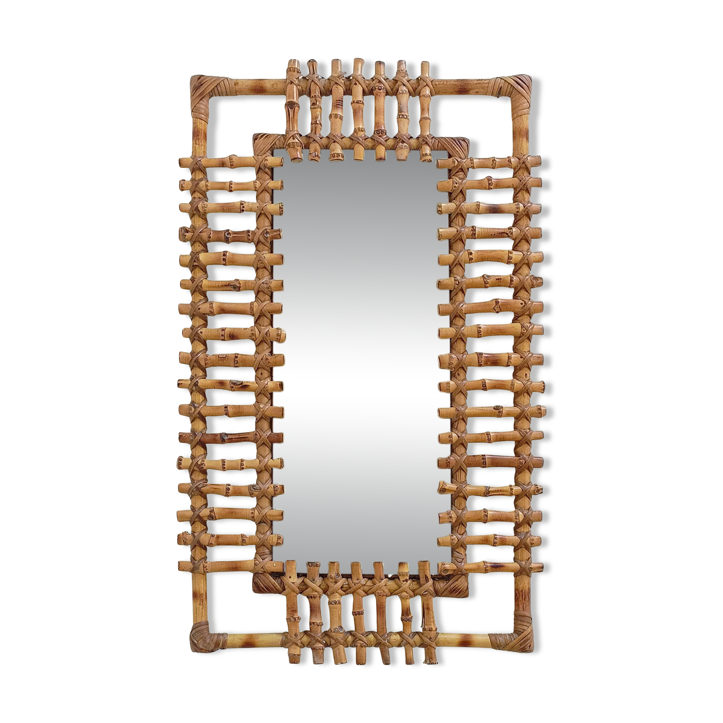 Mid-Century Bamboo & Rattan Mirror With Patina, French Riviera Style, 1950s