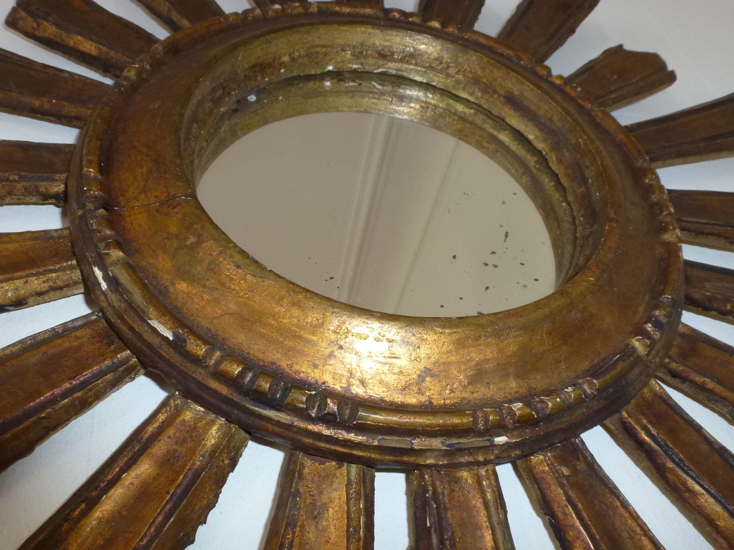 Old sun mirror gilded carved wood 50s-60s 49cm