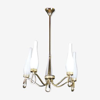 Maison Lunel chandelier in golden brass and 5 white opalines year 50, france