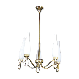 Maison Lunel chandelier in golden brass and 5 white opalines year 50, france