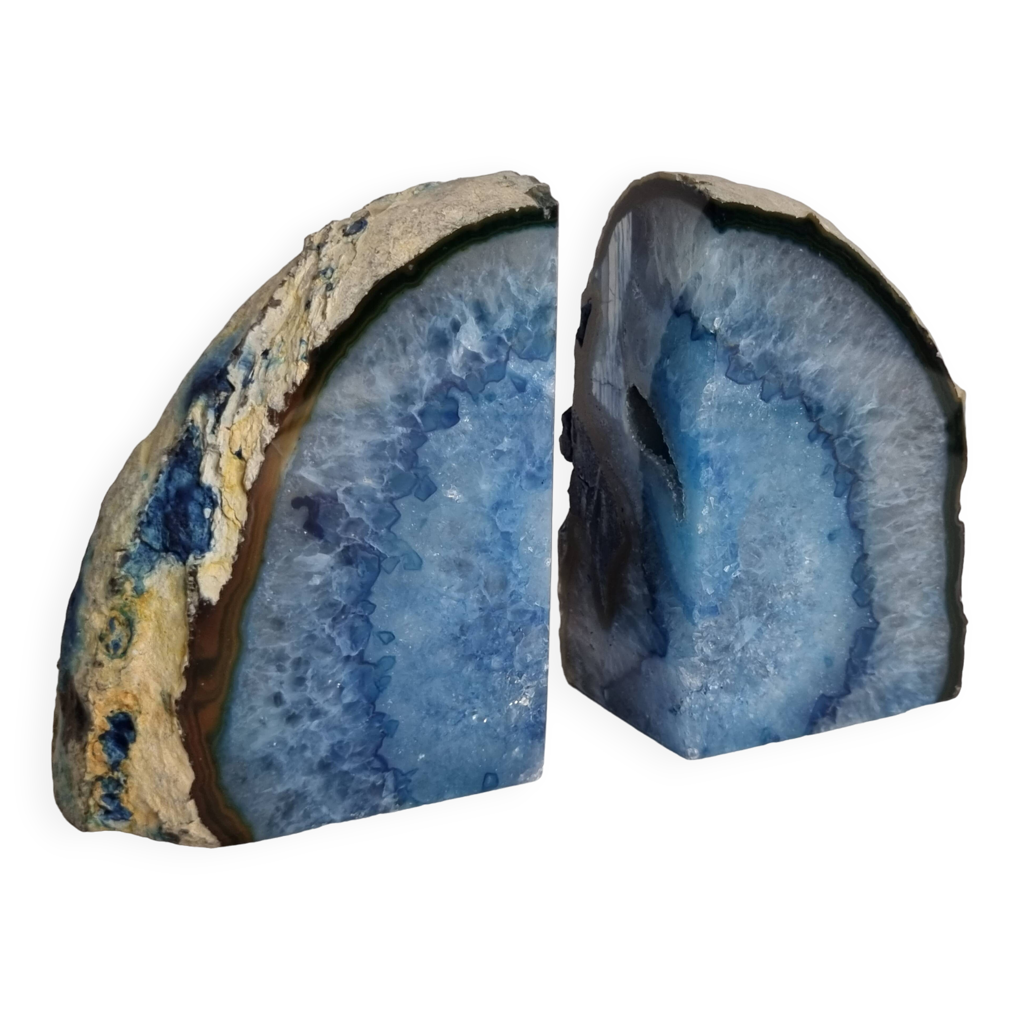Pair of polished blue agate bookends - 11 cm