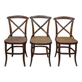 Set of 3 Bistro Chairs in curved wood and cane 1920