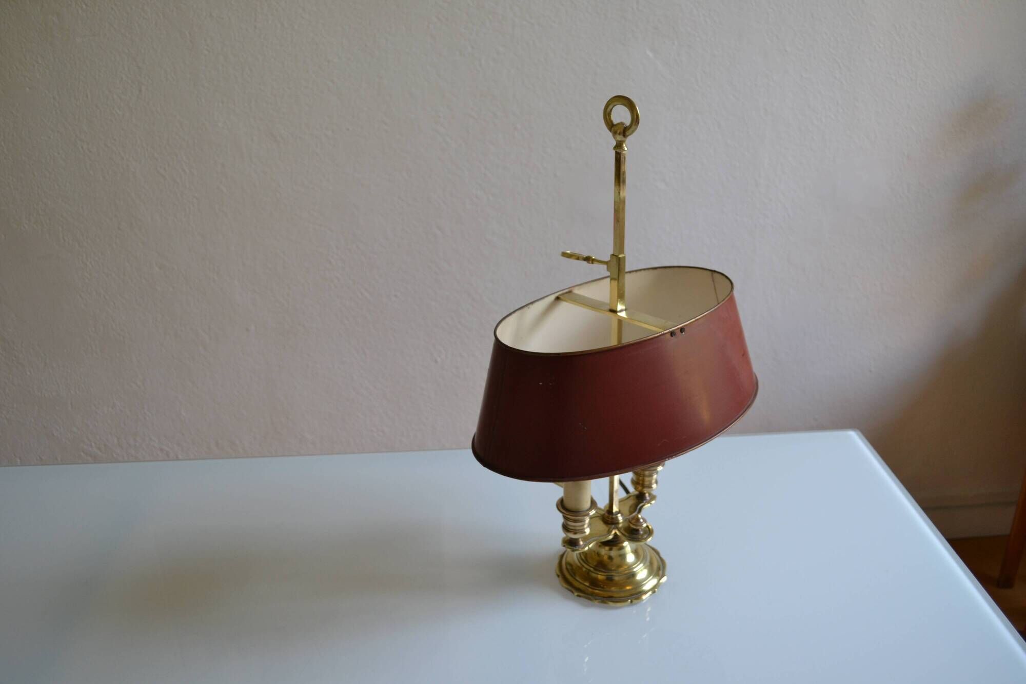 hot water bottle lamp with 2 bronze lights and burgundy sheet metal lampshade