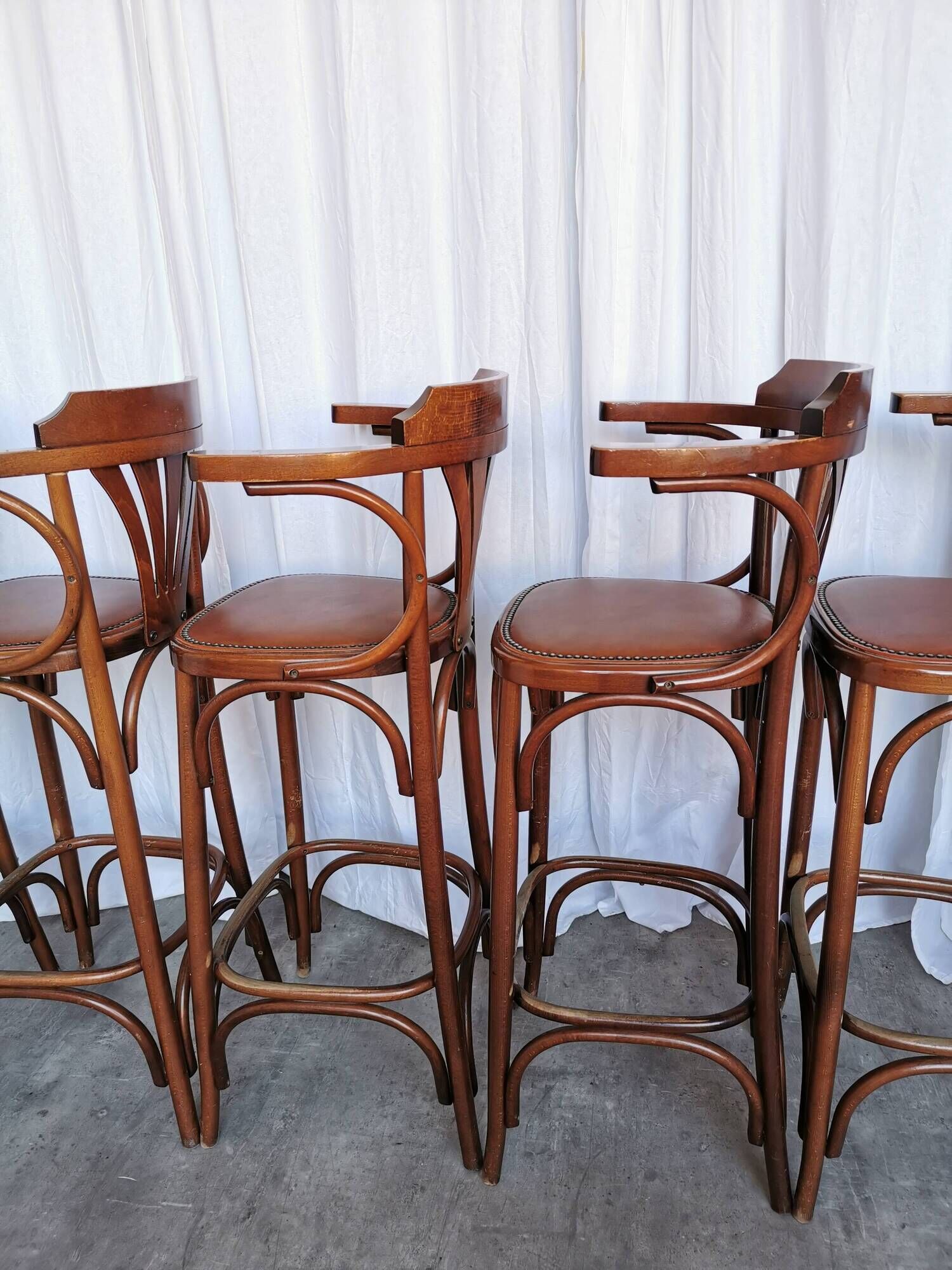 Set of 6 Vintage Bentwood Bar Stool Set: Brown Leather Seat, Nailhead Trim