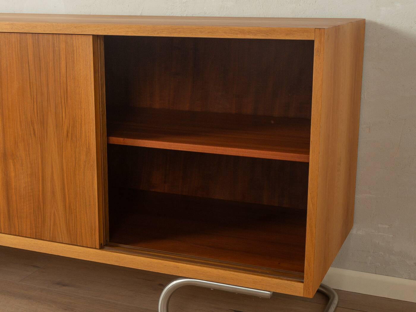 1950s sideboard in Scandinavian style, walnut veneer, Bauhaus design