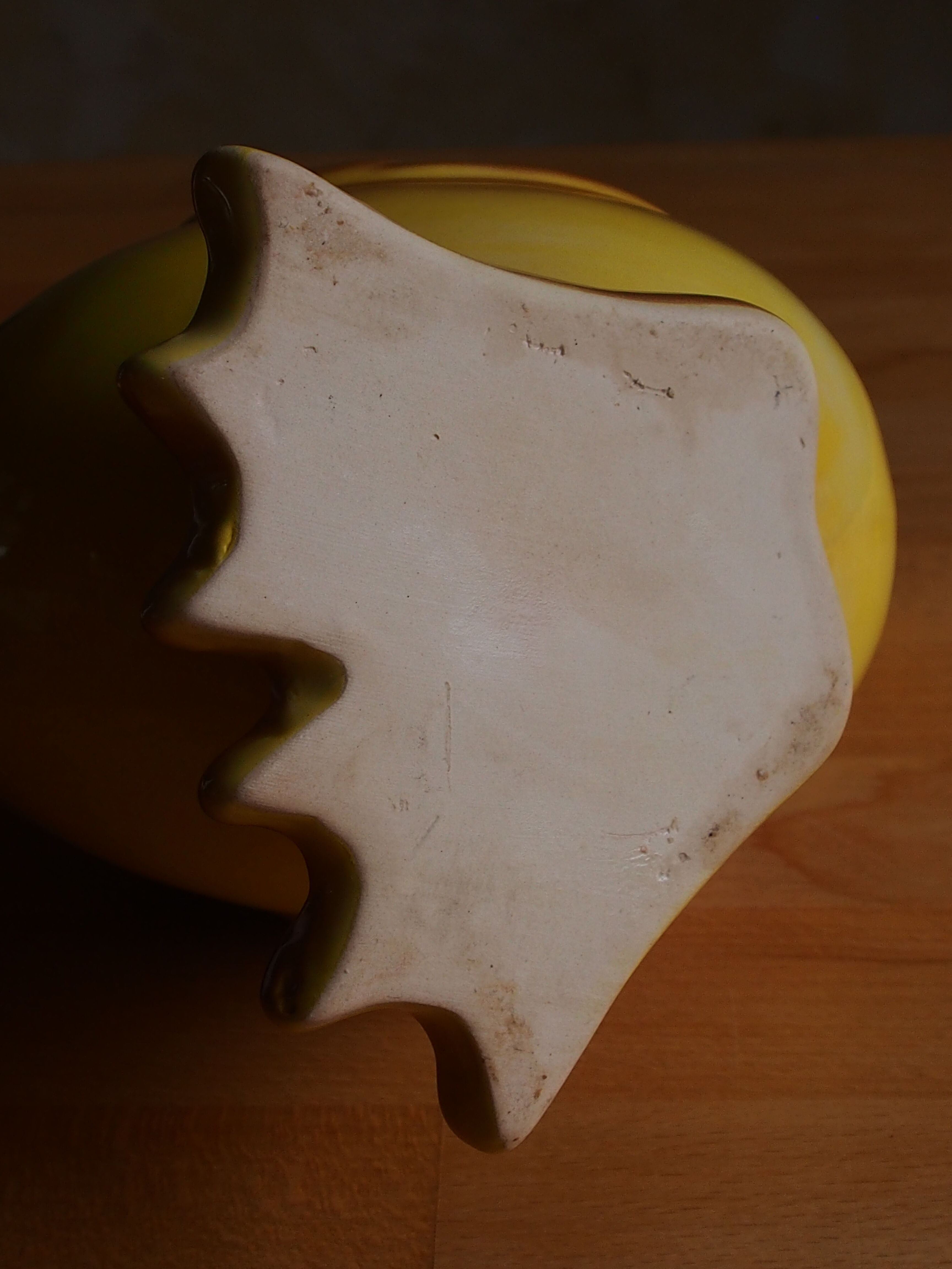 Ceramic watering can in white earthenware, yellow enamel and bird shape