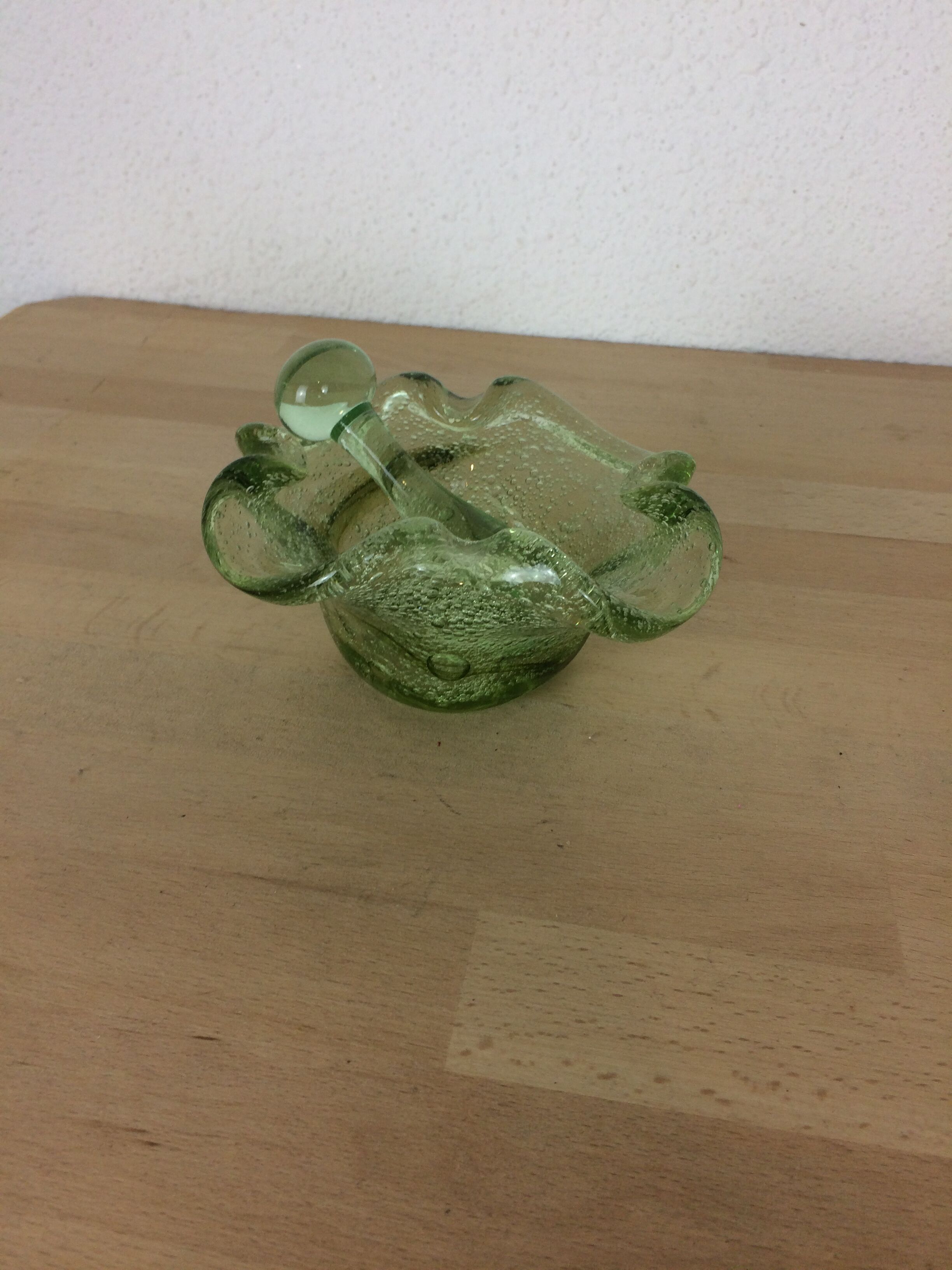 Green bubbled glass mortar and pestle