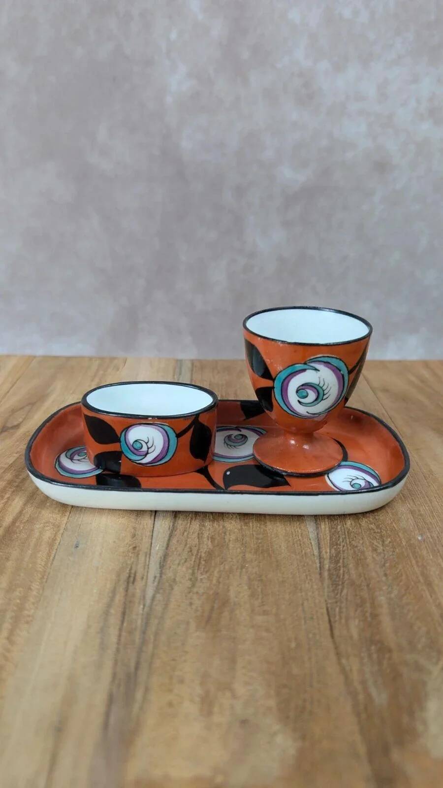 Vintage hand-painted set – tray + coconut tree + mini ramekin