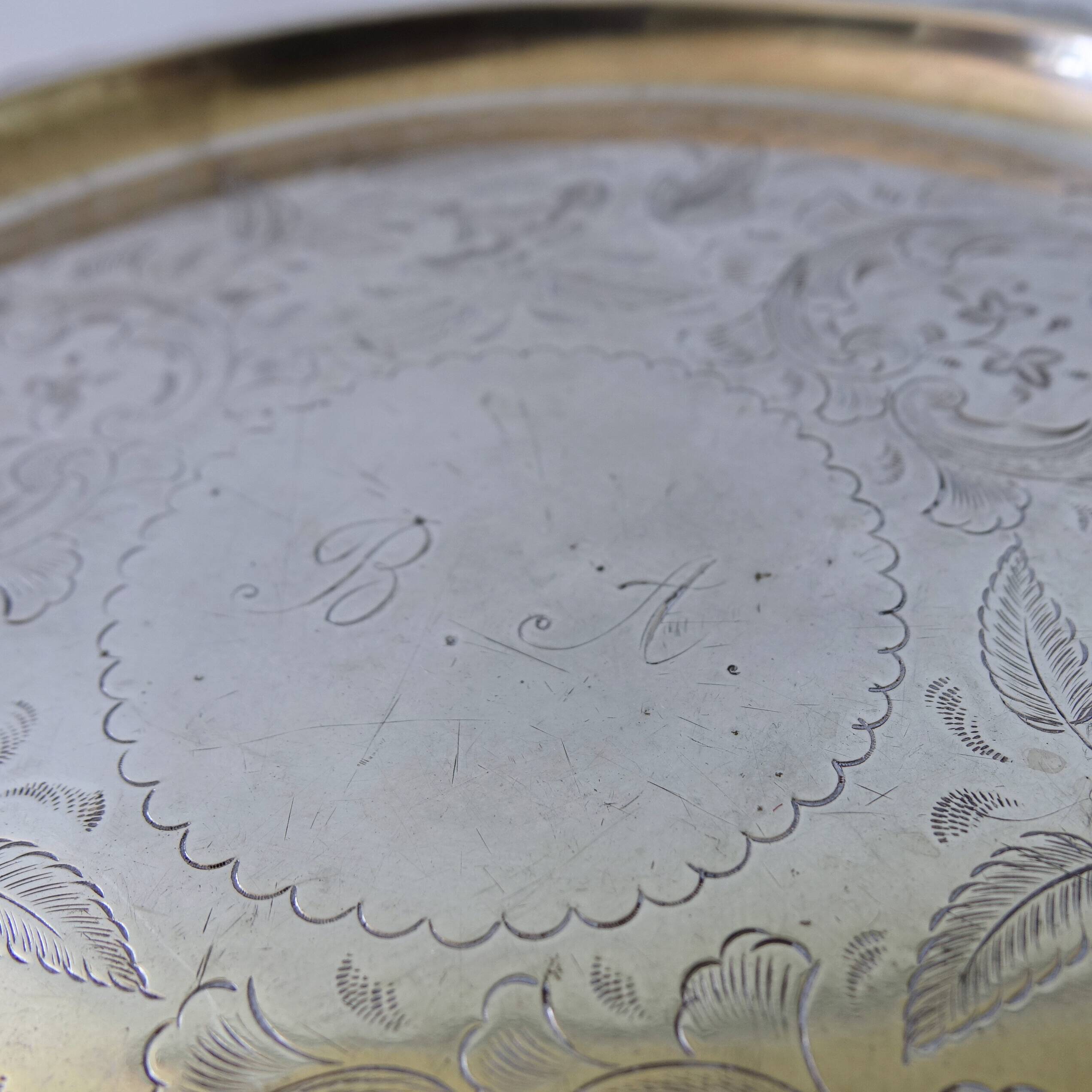 Unique Antique silver plated tray with small round feet and stunning engravings: BA from Sweden lat