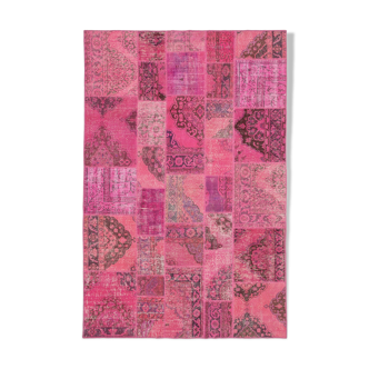 Handmade anatolian overdyed 200 cm x 300 cm pink patchwork carpet