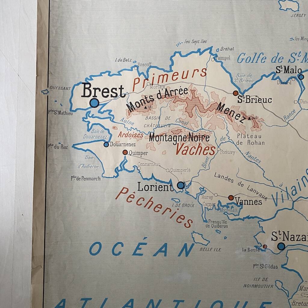 Vintage school map 1950 double-sided "Brittany and Normandy"