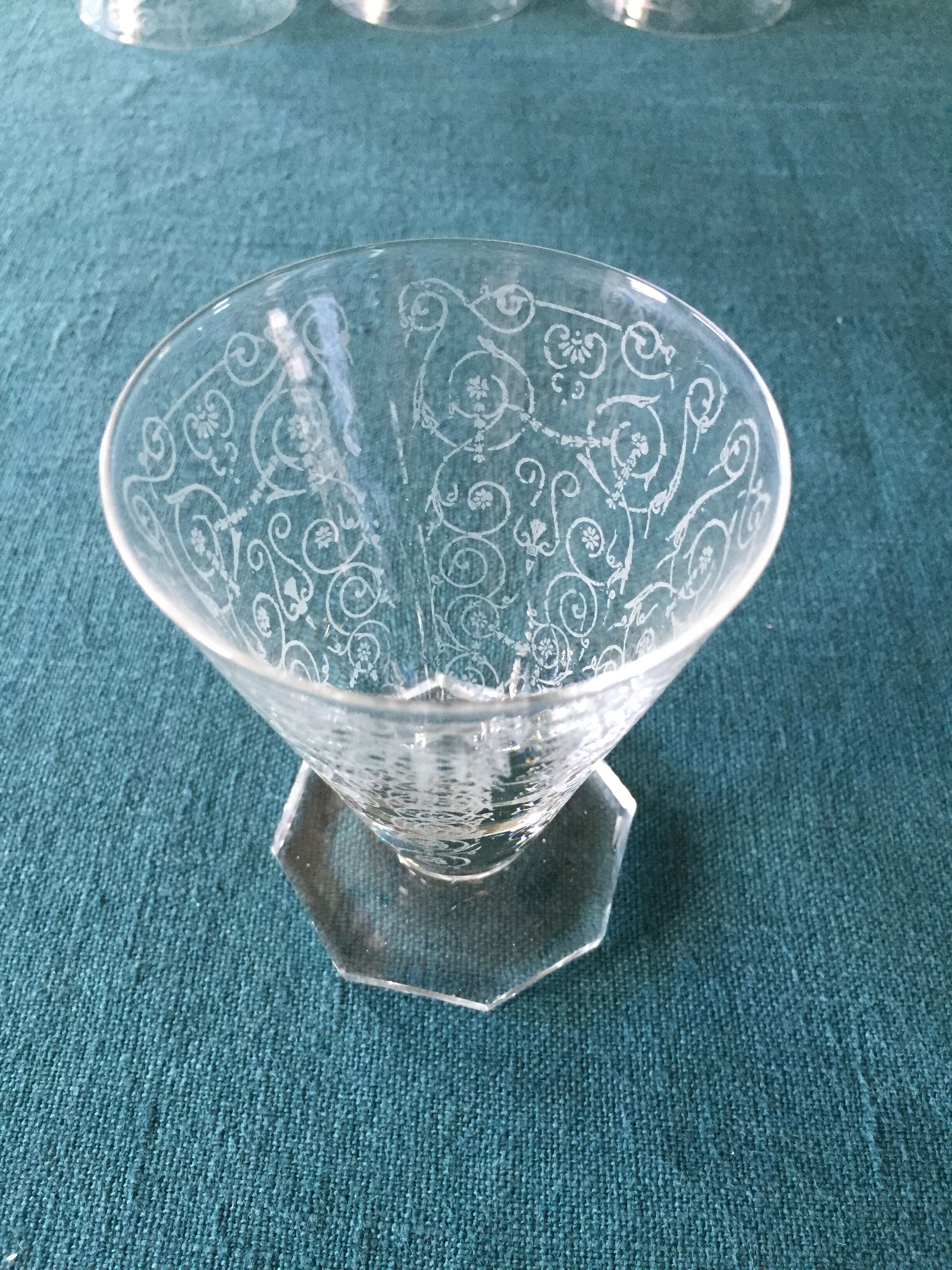 Series of 7 art deco aperitif or digestive glasses engraved