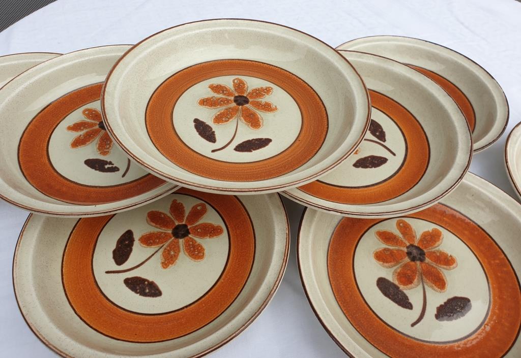 Set 11 plates 1970 Revernay Sarreguemines orange and brown on sandstone background