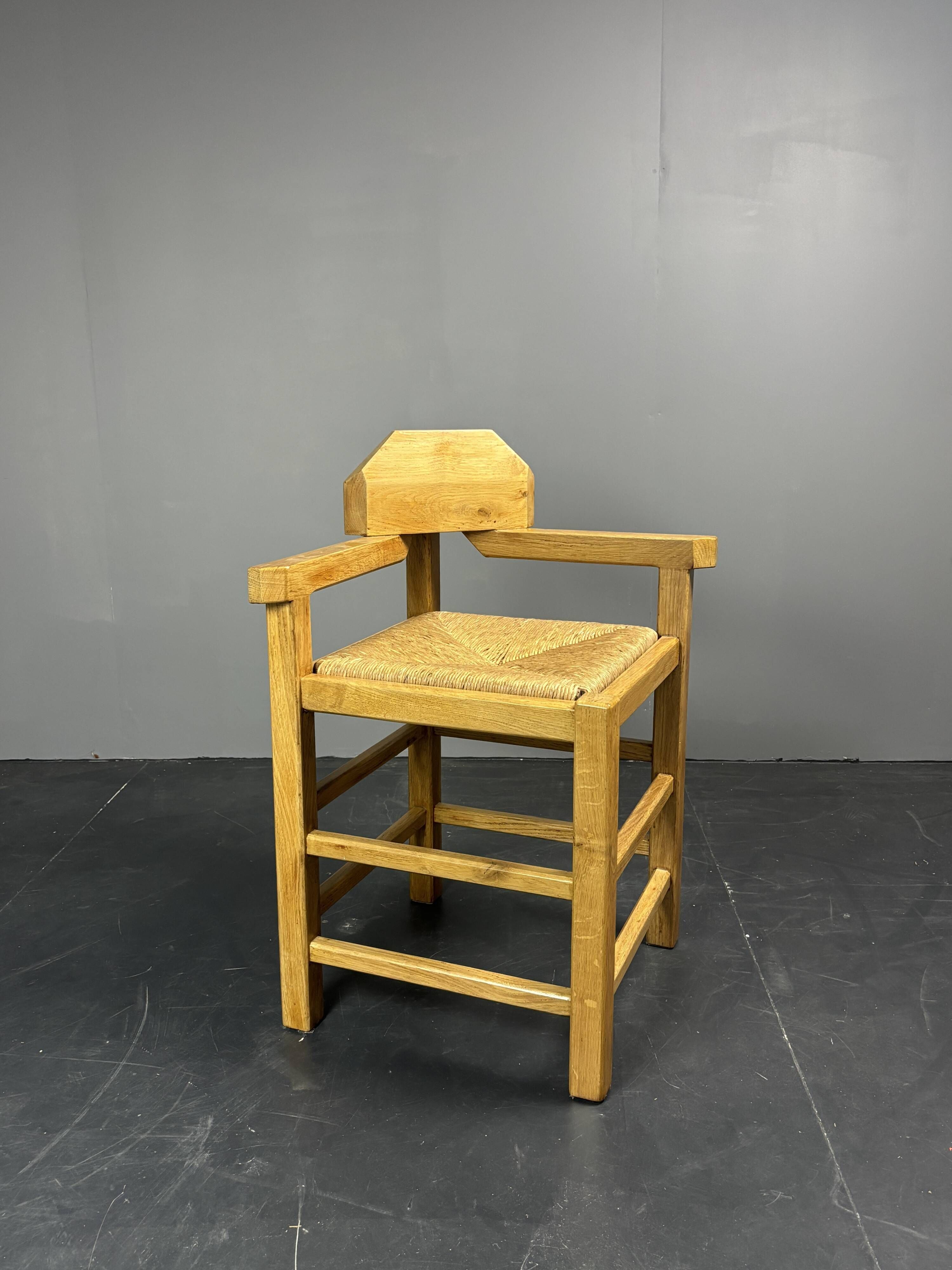 Dutch postmodern brutalist oak corner side chair with rush seat, 1970s