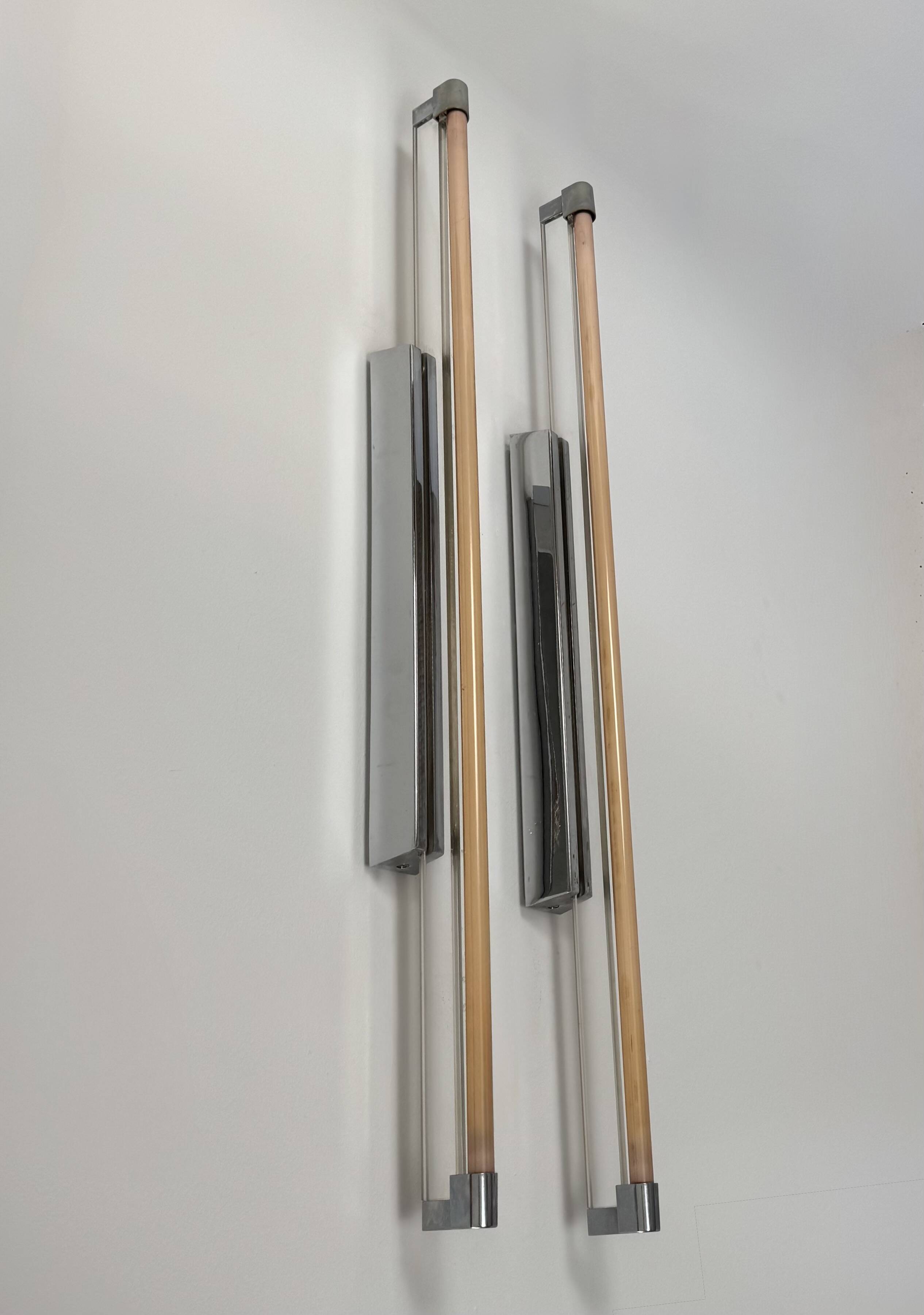 Pair of XL vintage wall lights, chrome metal and transparent ABS, Italy, 1980.