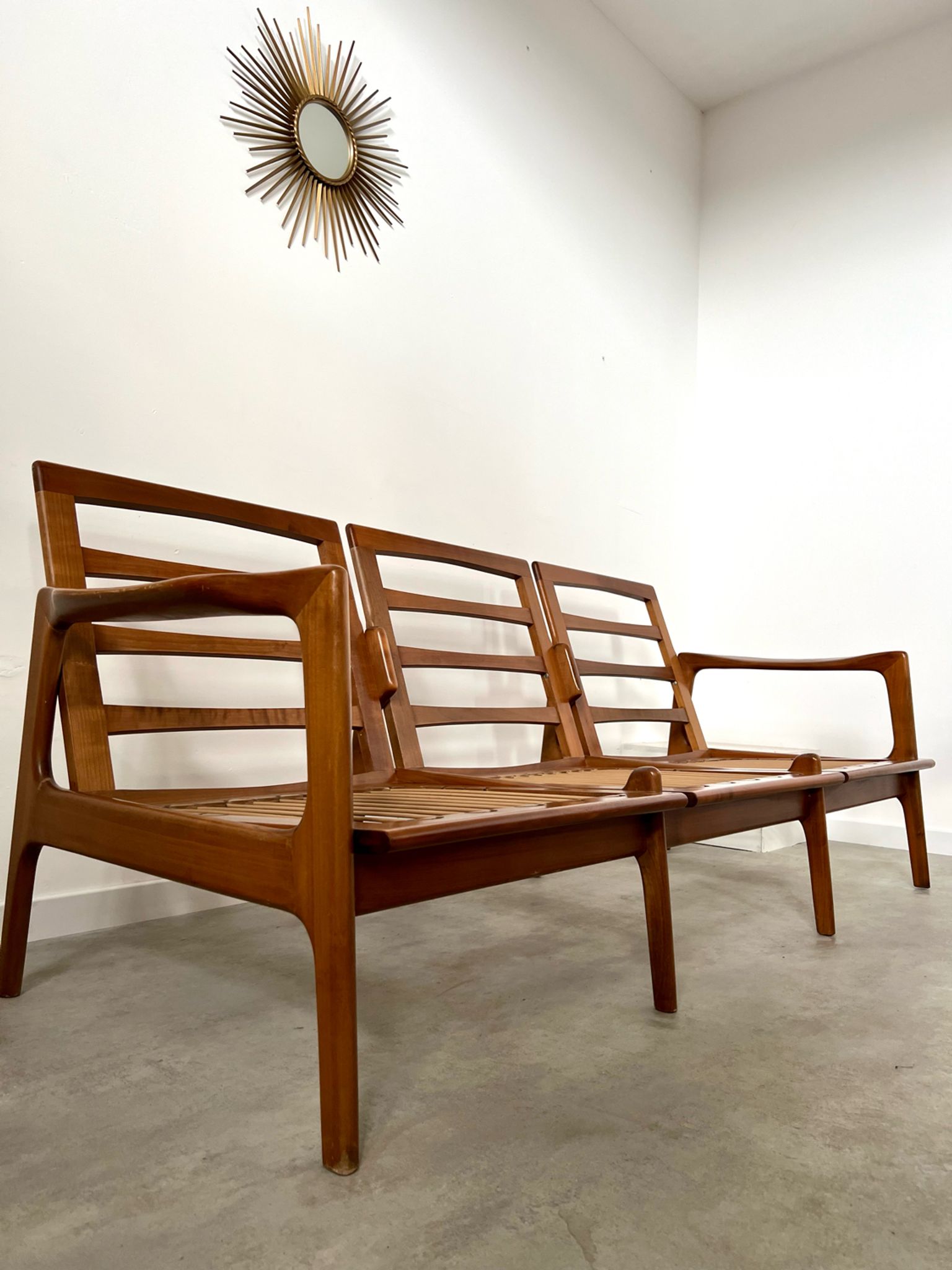 Lot armchairs and sofa 60 years Scandinavian design in vintage blond teak