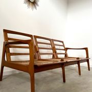 Lot armchairs and sofa 60 years Scandinavian design in vintage blond teak