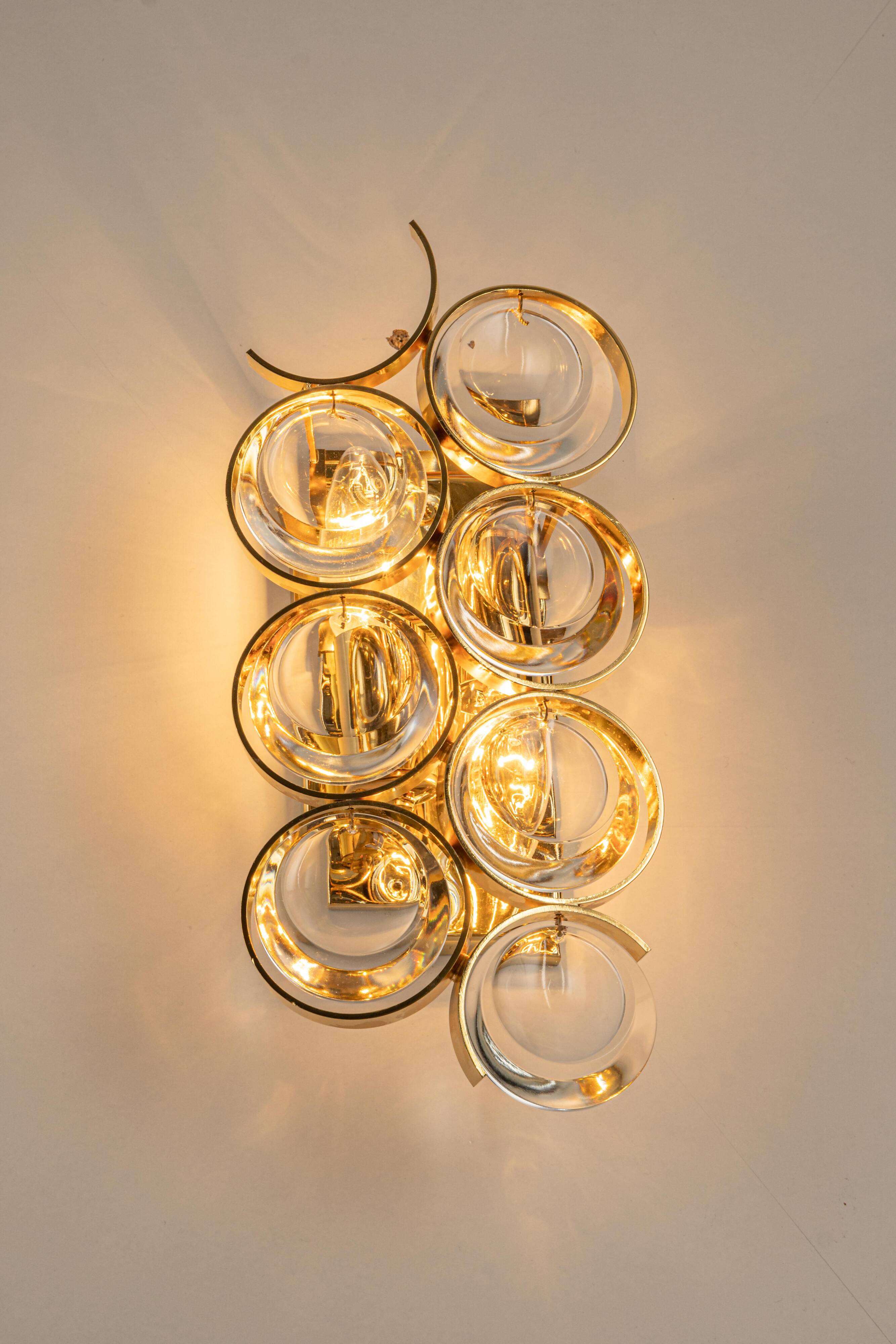 Golden brass and crystal wall light by Palwa, Germany, 1960s.