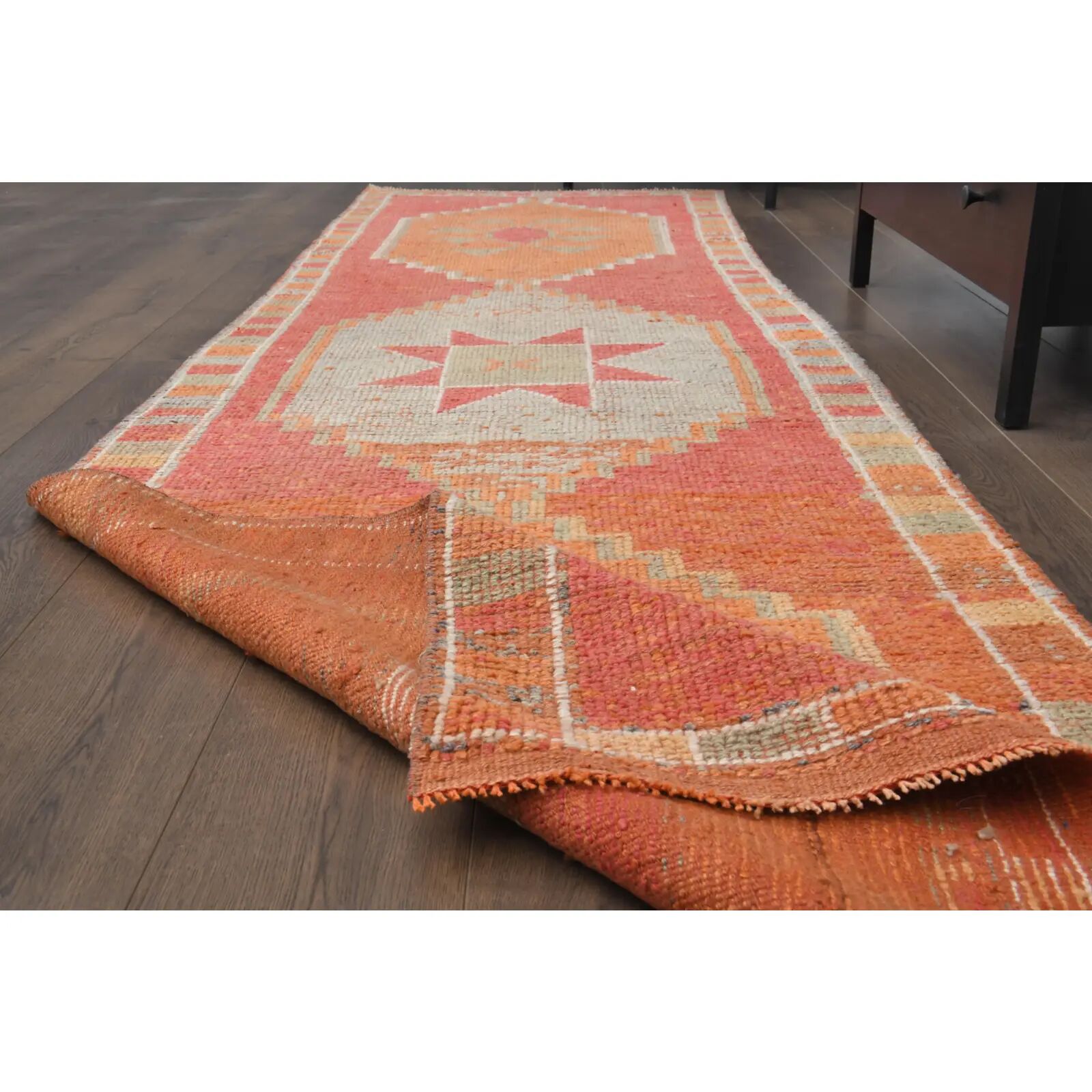 Vintage Turkish hand-knotted wool cotton orange runner rug 96x339