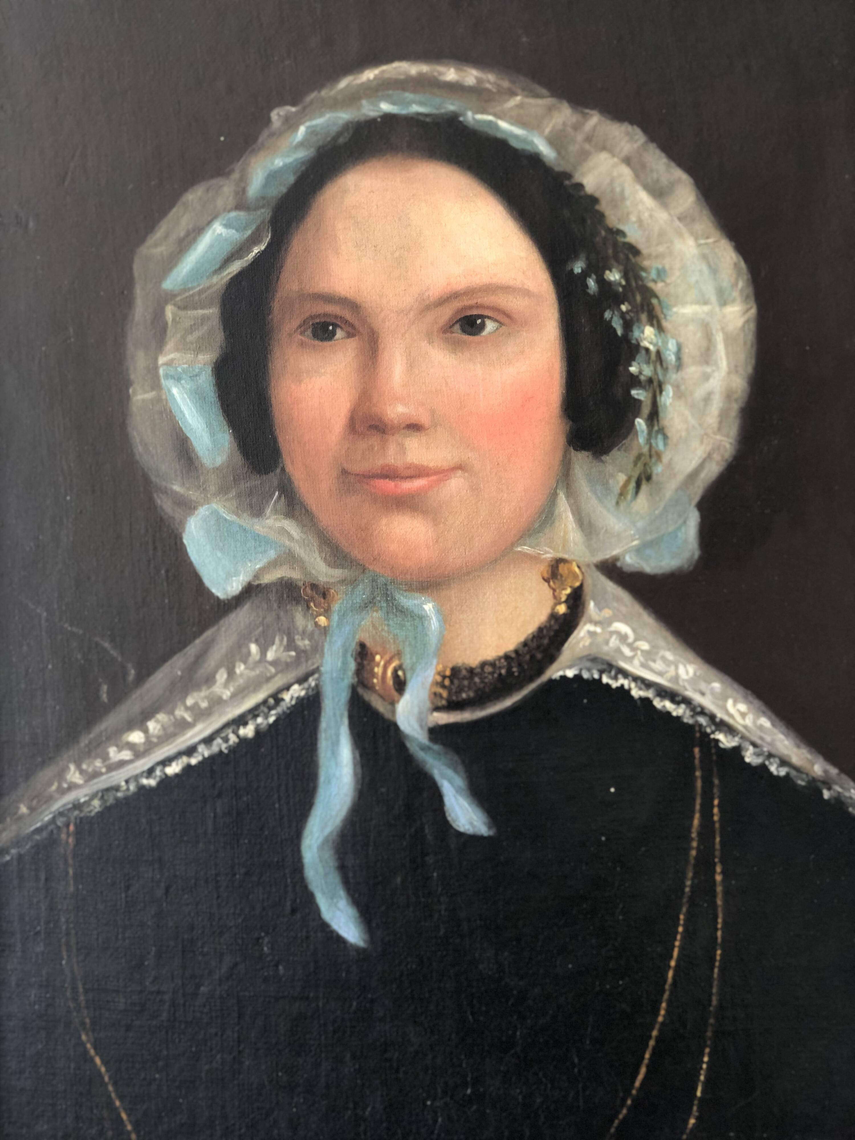 Peinture à l'huile antique vintage d'une dame néerlandaise, 19e siècle