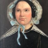 Peinture à l'huile antique vintage d'une dame néerlandaise, 19e siècle