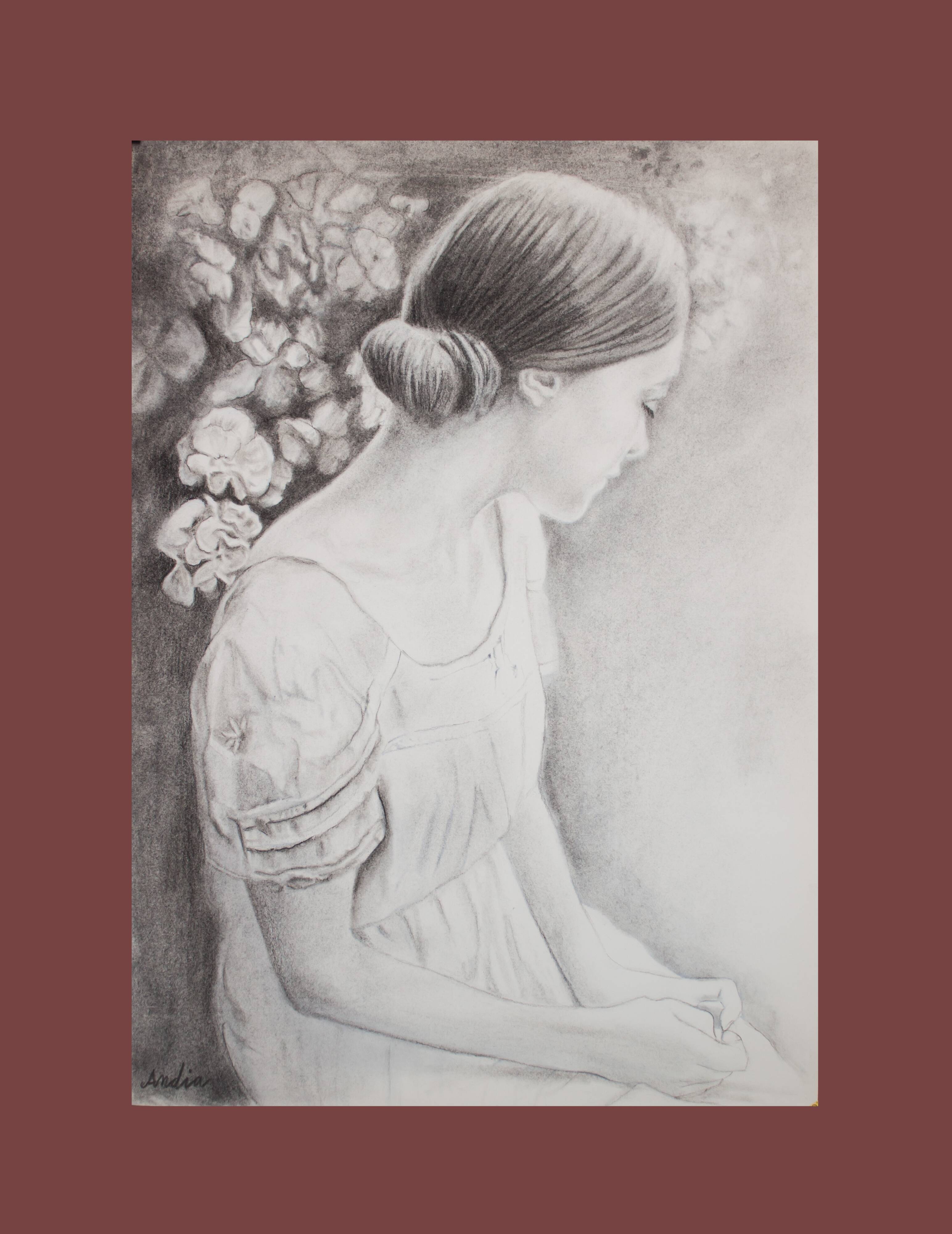 Charcoal drawing representing a young woman. Carbon paint.
