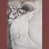 Charcoal drawing representing a young woman. Carbon paint.