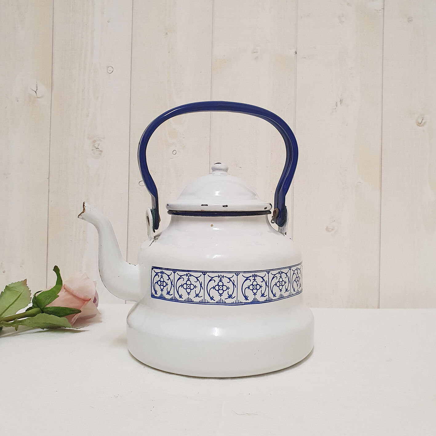 White and blue enamelled kettle
