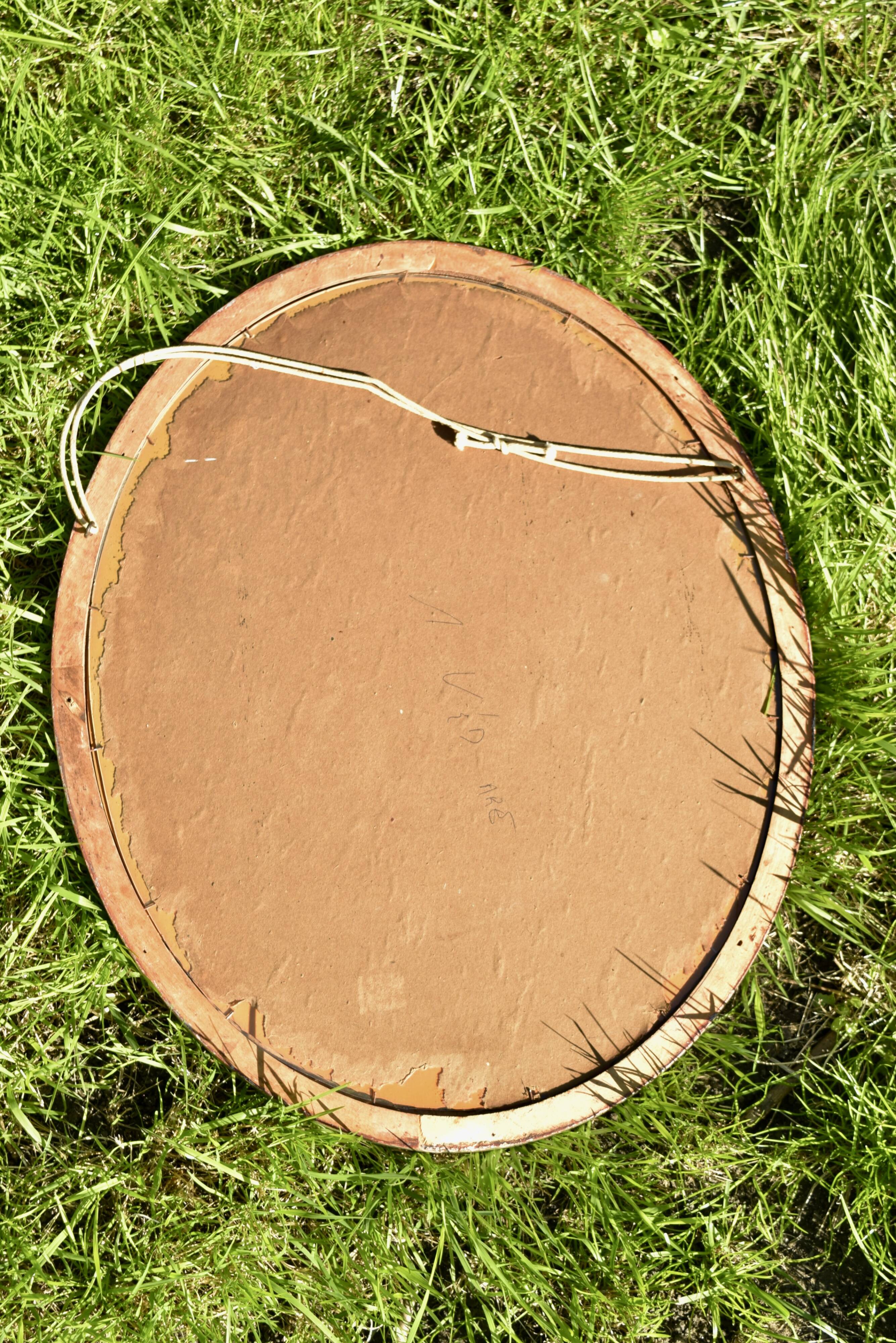 Old large oval wall mirror in silver painted wood - 1950s