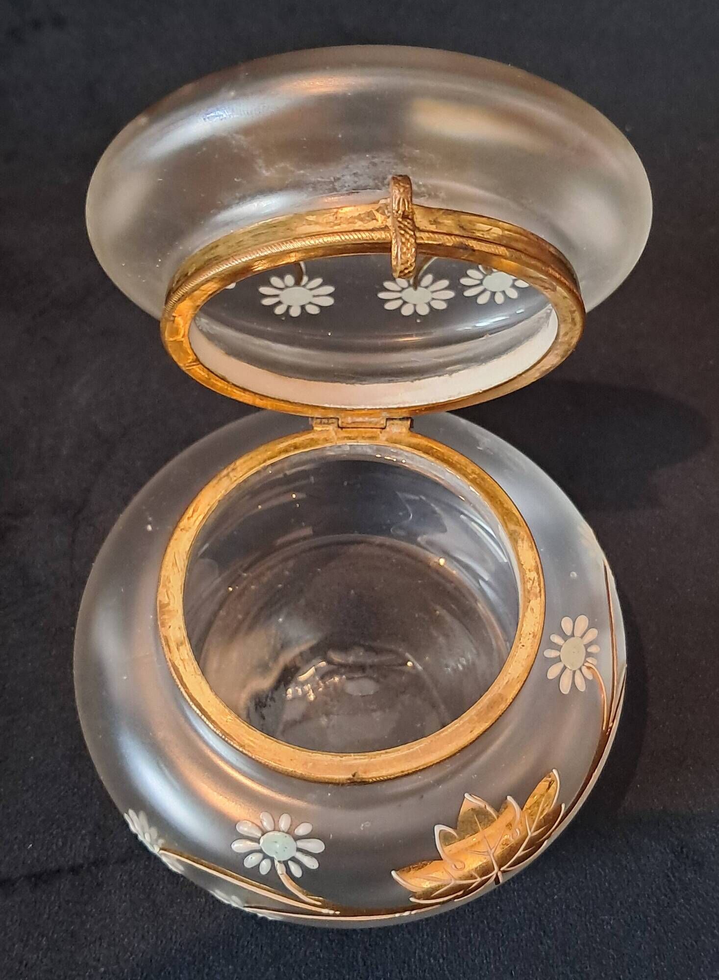 Art nouveau satin glass candy dish with enamel painted floral decor