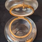 Art nouveau satin glass candy dish with enamel painted floral decor
