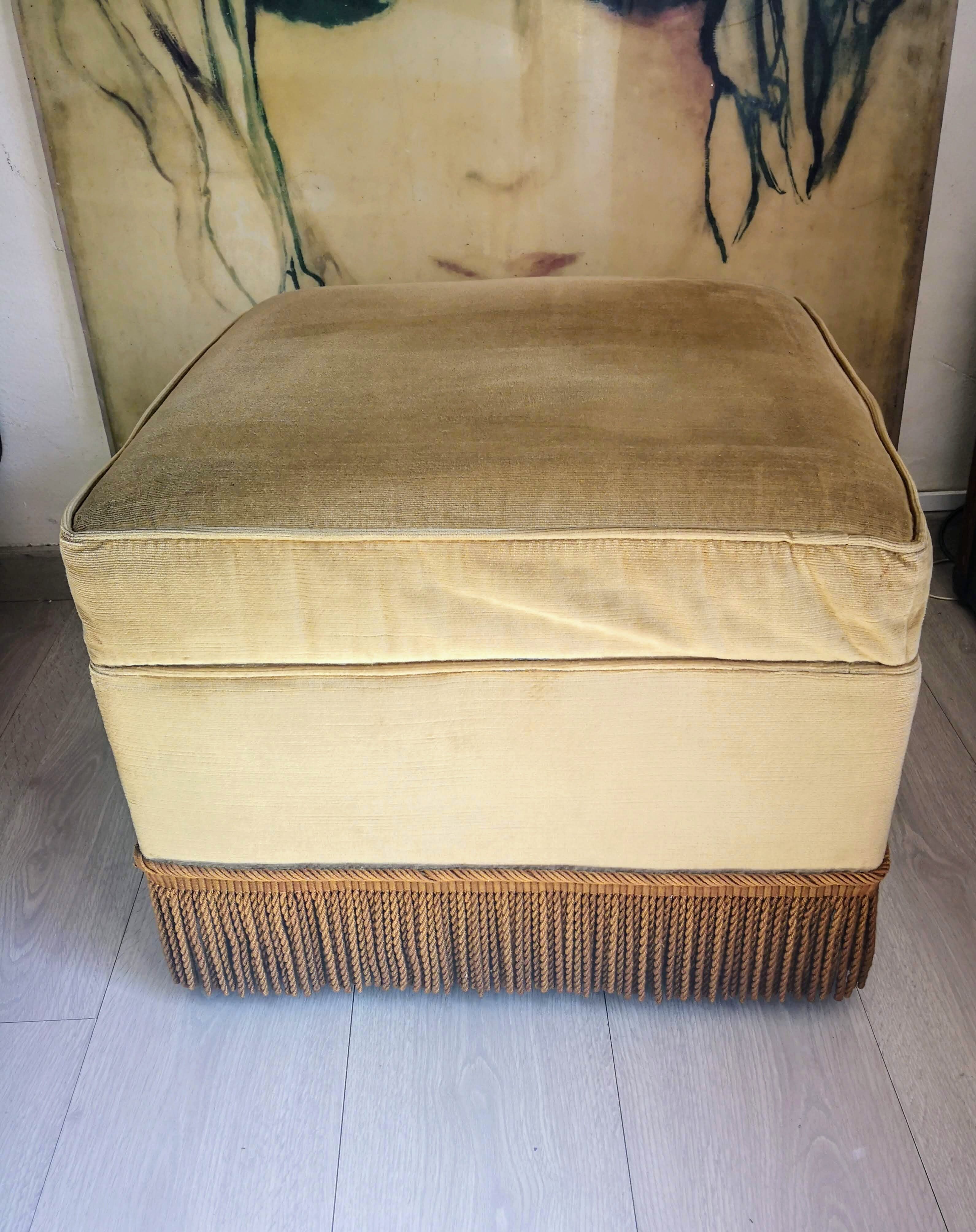 Olive green fringed velvet pouf