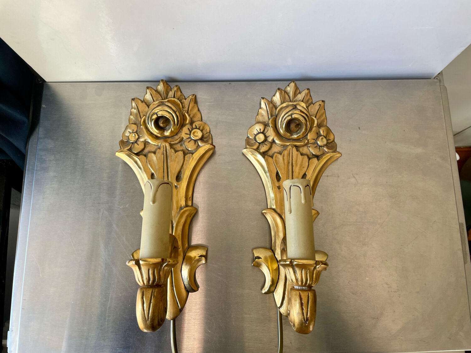 Pair of vintage gilded wood electric wall sconces